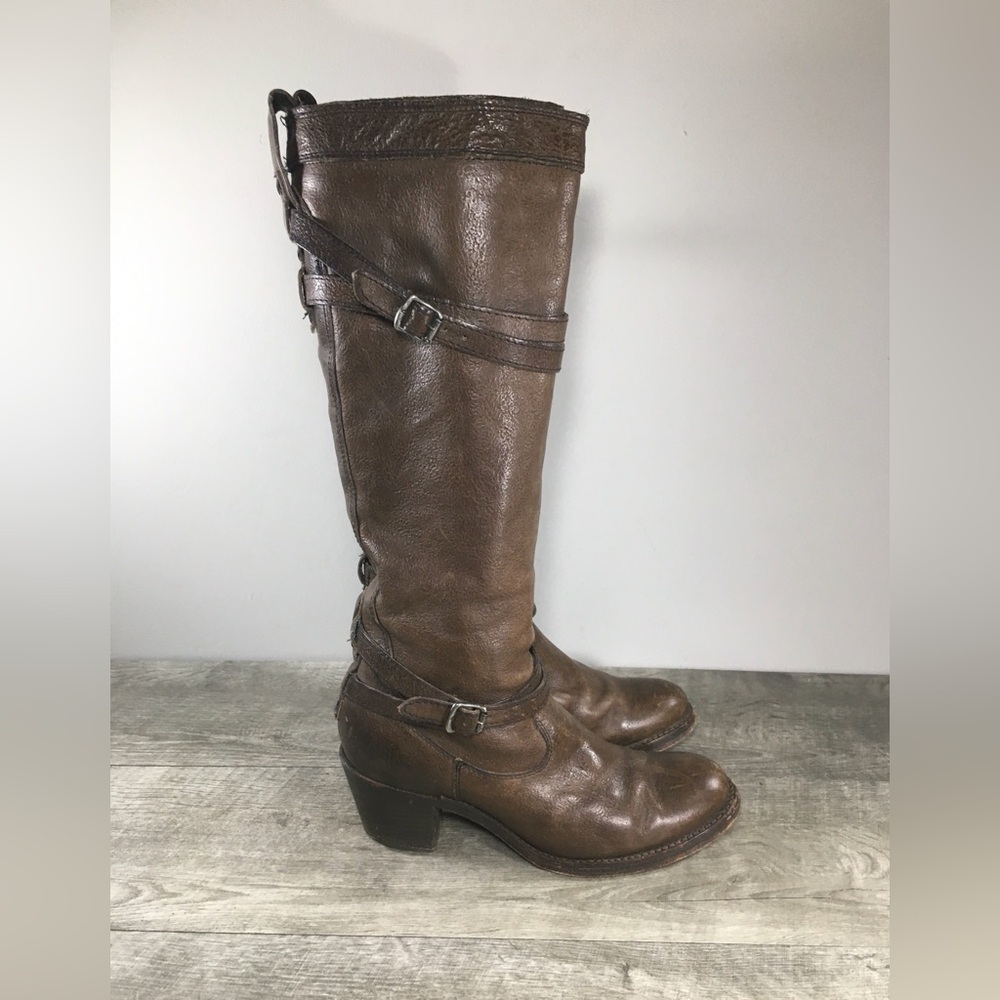 Frye 76396 Jane Strappy Brown Leather Women Knee High Heel Riding Boots Size 6.5